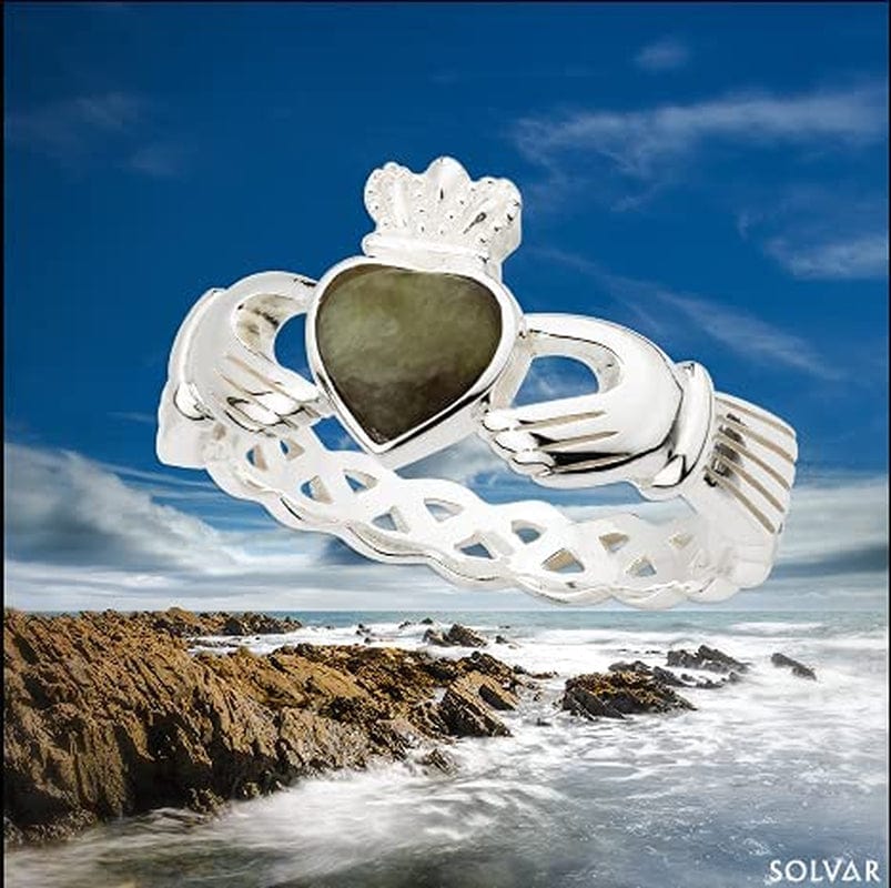 Irish Claddagh Ring for Women, Real 925 Sterling Silver Authentic Celtic Jewelry Made in Ireland with Connemara Marble Gemstone and Celtic Weave, Friendship, Promise, Love, Loyalty, Engagement, Marriage, Wedding