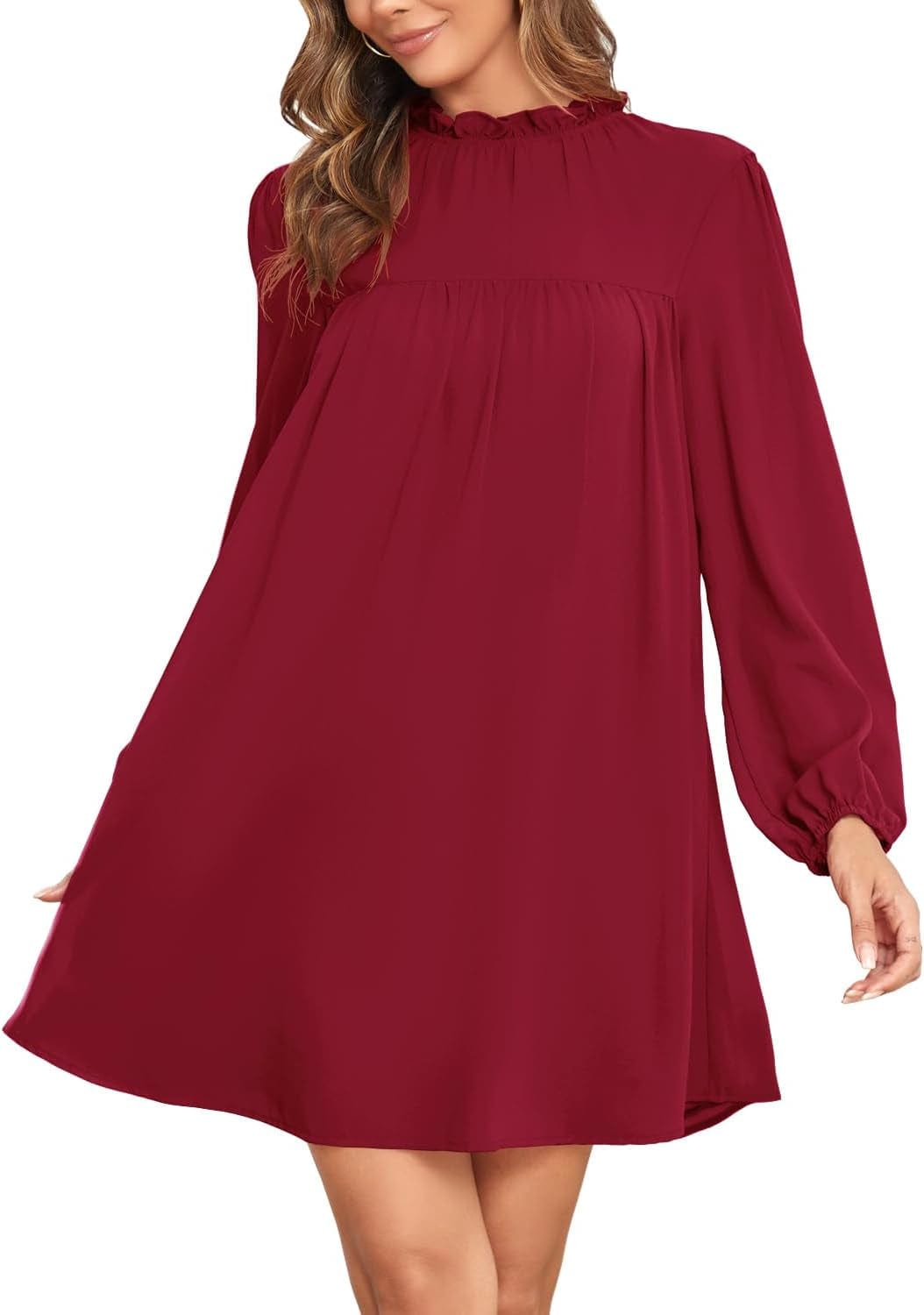 ISIHIEI Women'S Frilled Mock Neck Long Sleeve Babydoll Dress Loose Flowy Pleated Casual Mini Swing Chiffon Tunic Dresses Burgundy / Small
