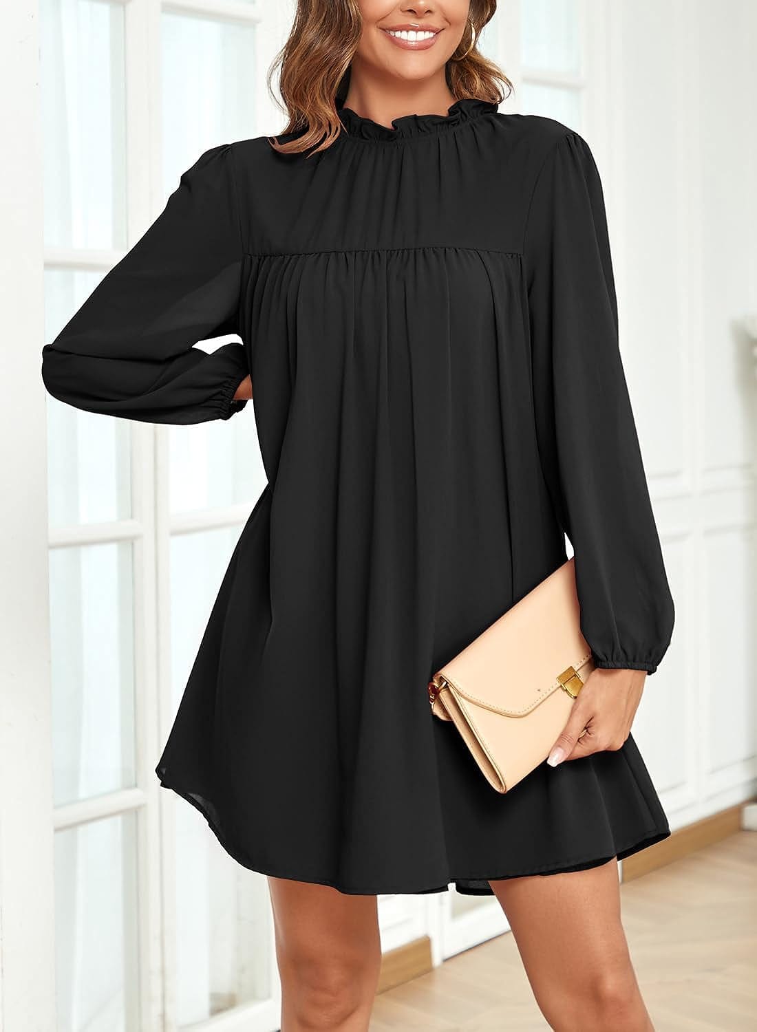 ISIHIEI Women'S Frilled Mock Neck Long Sleeve Babydoll Dress Loose Flowy Pleated Casual Mini Swing Chiffon Tunic Dresses