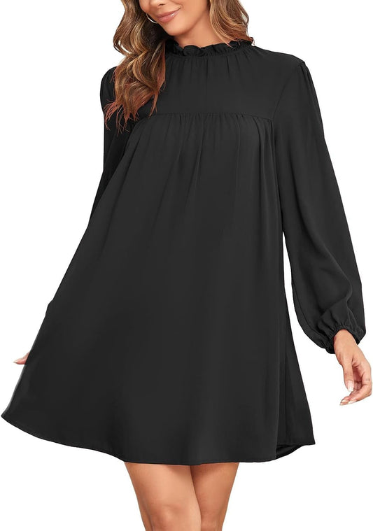 ISIHIEI Women'S Frilled Mock Neck Long Sleeve Babydoll Dress Loose Flowy Pleated Casual Mini Swing Chiffon Tunic Dresses
