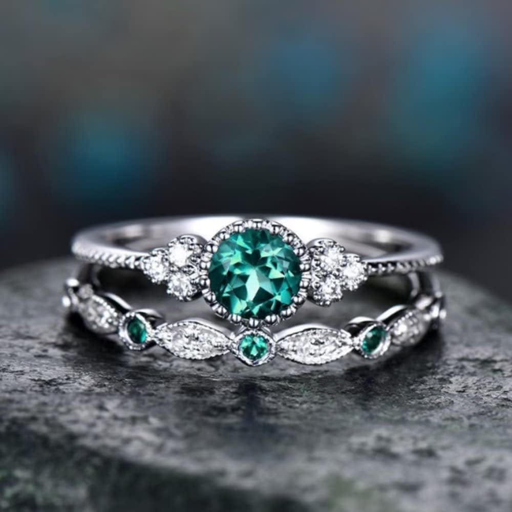 Iumer Women Artificial Zircon Ring Two-Piece Ring Inlaid Rhinestones Birthday Gift Size 6-10 green / 7