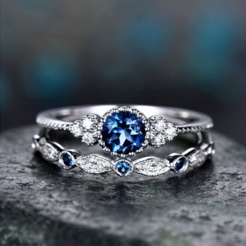 Iumer Women Artificial Zircon Ring Two-Piece Ring Inlaid Rhinestones Birthday Gift Size 6-10 Blue / 7