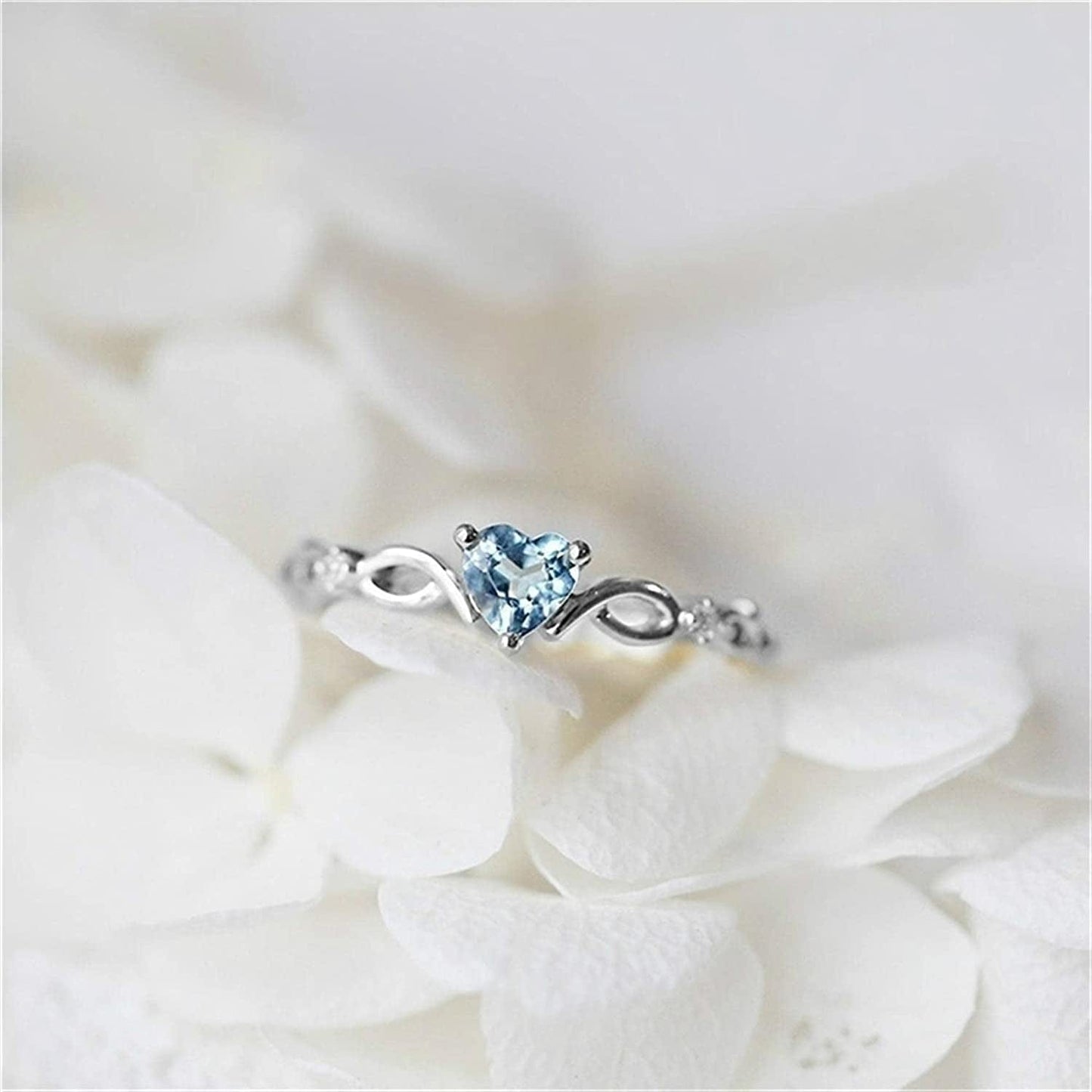 Iumer Women Heart Ring Inlaid with Artificial Sapphire with Rhinestone Ring Seablue Rings Fashion Jewelry Gift (Silver, Size 7)