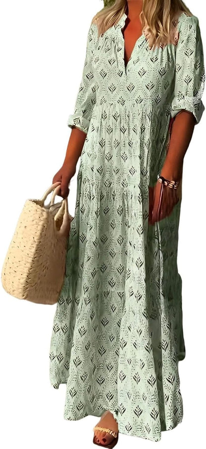 IVERIRMIN Women'S Boho Floral Print Long Sleeve Maxi Dress Casual V Neck Flowy Ruffle Fall Long Dresses Green / X-Large