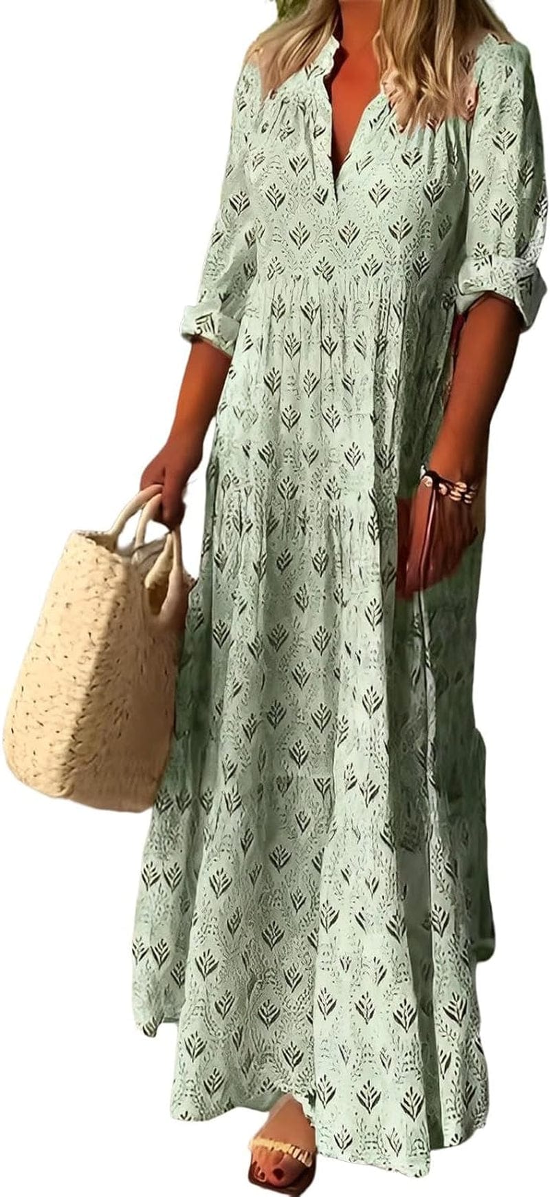 IVERIRMIN Women'S Boho Floral Print Long Sleeve Maxi Dress Casual V Neck Flowy Ruffle Fall Long Dresses Green / Xx-Large