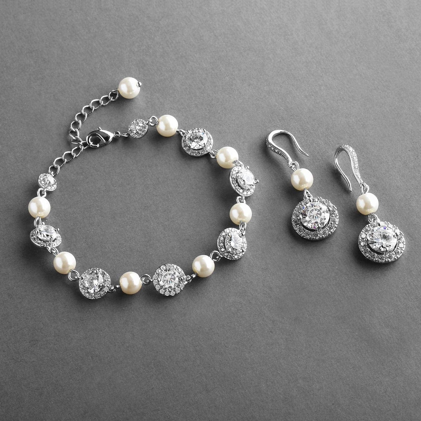 Ivory Pearl & round CZ Bridal Bracelet & Earrings Set - Wedding Jewelry Sets for Bridesmaids