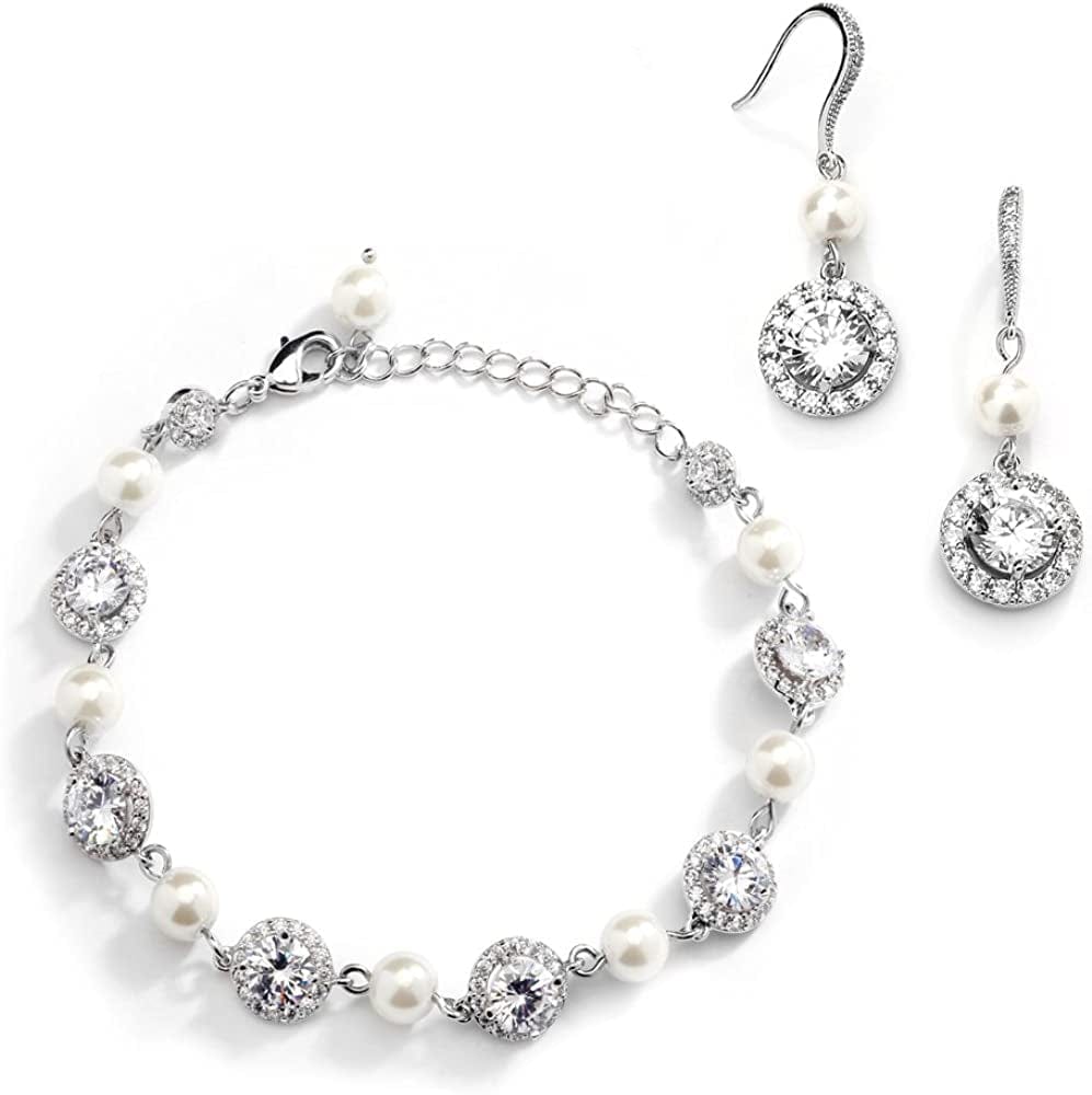 Ivory Pearl & round CZ Bridal Bracelet & Earrings Set - Wedding Jewelry Sets for Bridesmaids