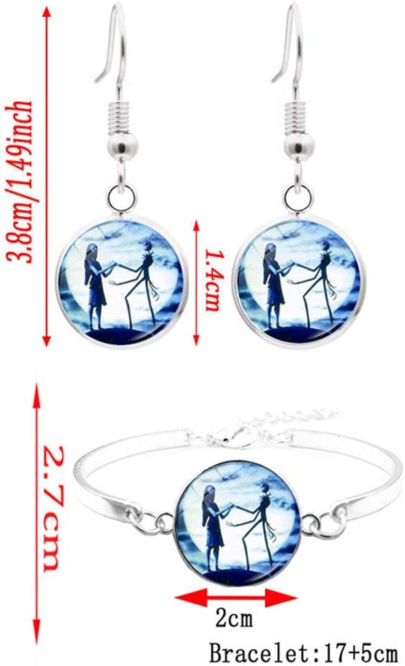 Jack and Sally Nightmare before Christmas Moon Pendant Charm Crescent Necklace Bracelet Earring Gift for Women (Jack and Sally Jewelry Set) Jack and sally jewelry set