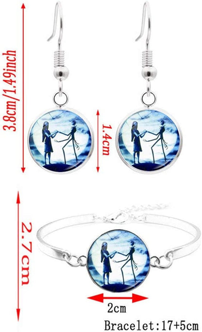 Jack and Sally Nightmare before Christmas Moon Pendant Charm Crescent Necklace Bracelet Earring Gift for Women (Jack and Sally Jewelry Set) Jack and sally jewelry set