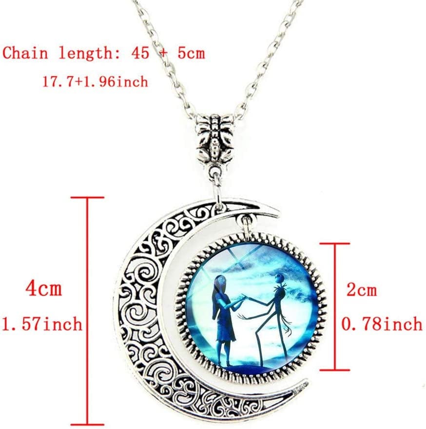Jack and Sally Nightmare before Christmas Moon Pendant Charm Crescent Necklace Bracelet Earring Gift for Women (Jack and Sally Jewelry Set) Jack and sally jewelry set