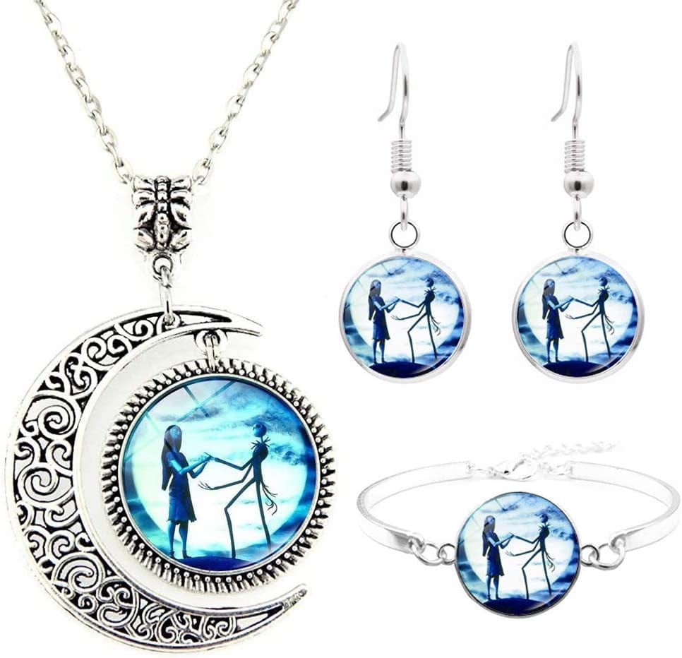 Jack and Sally Nightmare before Christmas Moon Pendant Charm Crescent Necklace Bracelet Earring Gift for Women (Jack and Sally Jewelry Set) Jack and sally jewelry set