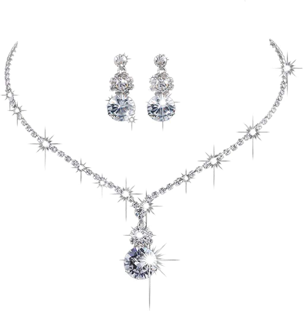 Jakawin Bride Silver Bridal Necklace Earrings Set Crystal Wedding Jewelry Set Rhinestone Choker Necklace for Women and Girls (Set of 3) NK144-2