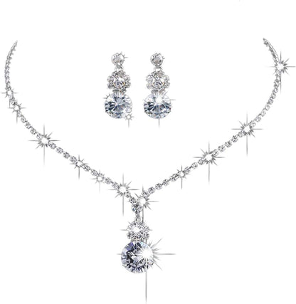 Jakawin Bride Silver Bridal Necklace Earrings Set Crystal Wedding Jewelry Set Rhinestone Choker Necklace for Women and Girls (Set of 3) NK144-2