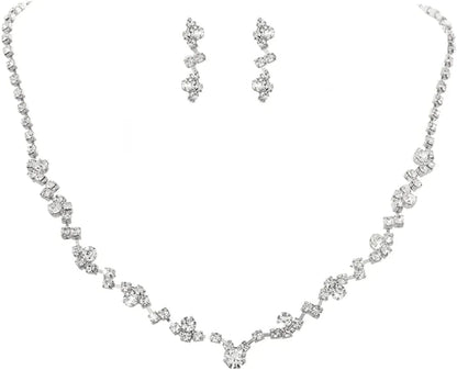 Jakawin Bride Silver Bridal Necklace Earrings Set Crystal Wedding Jewelry Set Rhinestone Choker Necklace for Women and Girls (Set of 3) NK143-1