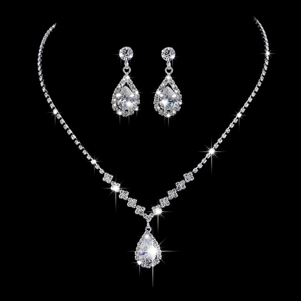 Jakawin Bride Silver Bridal Necklace Earrings Set Crystal Wedding Jewelry Set Rhinestone Choker Necklace for Women and Girls (Set of 3)