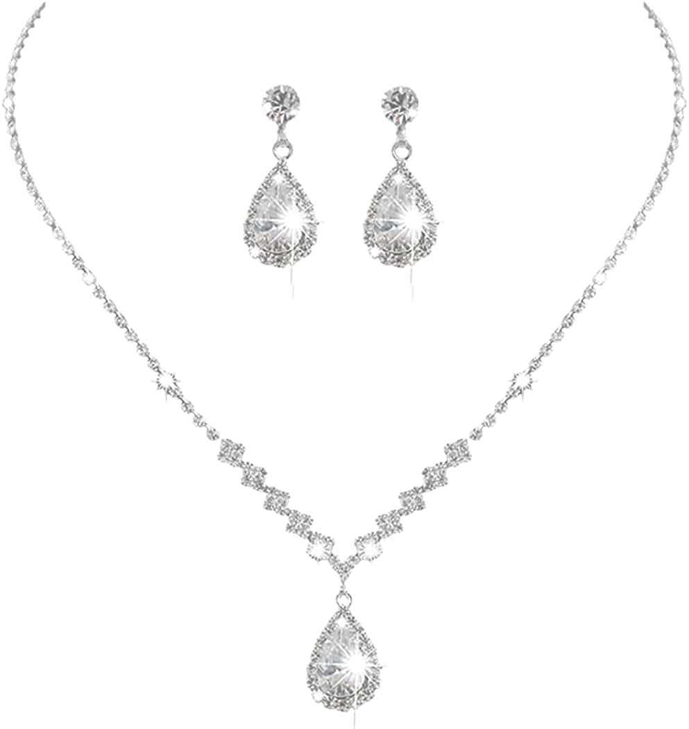 Jakawin Bride Silver Bridal Necklace Earrings Set Crystal Wedding Jewelry Set Rhinestone Choker Necklace for Women and Girls (Set of 3) NK144-3