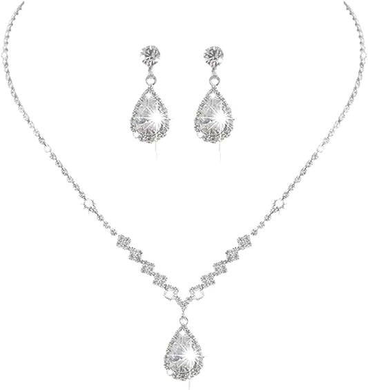 Jakawin Bride Silver Bridal Necklace Earrings Set Crystal Wedding Jewelry Set Rhinestone Choker Necklace for Women and Girls (Set of 3) NK144-3