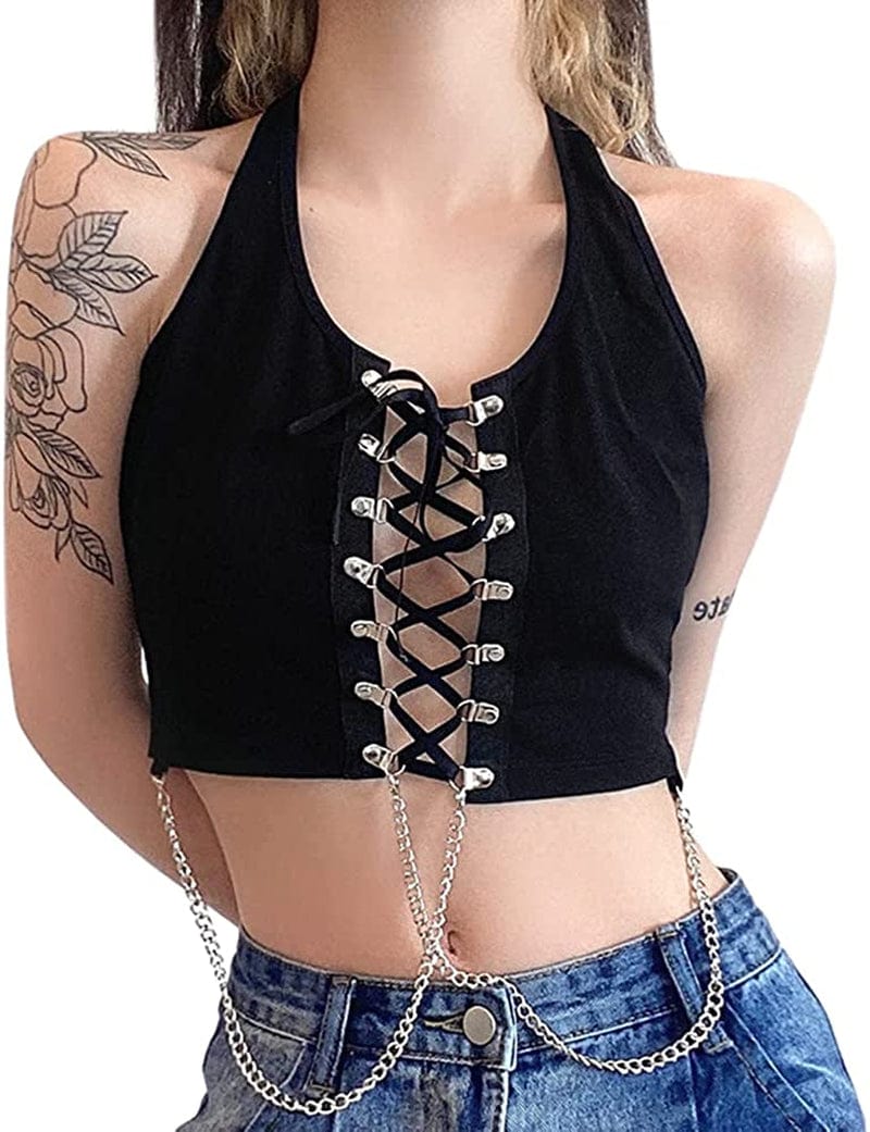 Jascaela Women'S Sexy Fishnet Choker Buckle Halter Crop Tank Top Backless Punk Cami Bandeau Clubwear for Rave Party Hollow Strappy / Large