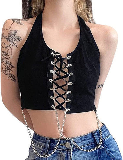 Jascaela Women'S Sexy Fishnet Choker Buckle Halter Crop Tank Top Backless Punk Cami Bandeau Clubwear for Rave Party Hollow Strappy / Large