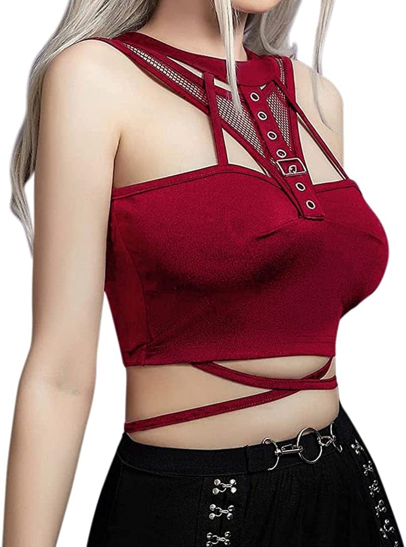 Jascaela Women'S Sexy Fishnet Choker Buckle Halter Crop Tank Top Backless Punk Cami Bandeau Clubwear for Rave Party Hollow Fishnet Red / X-Large