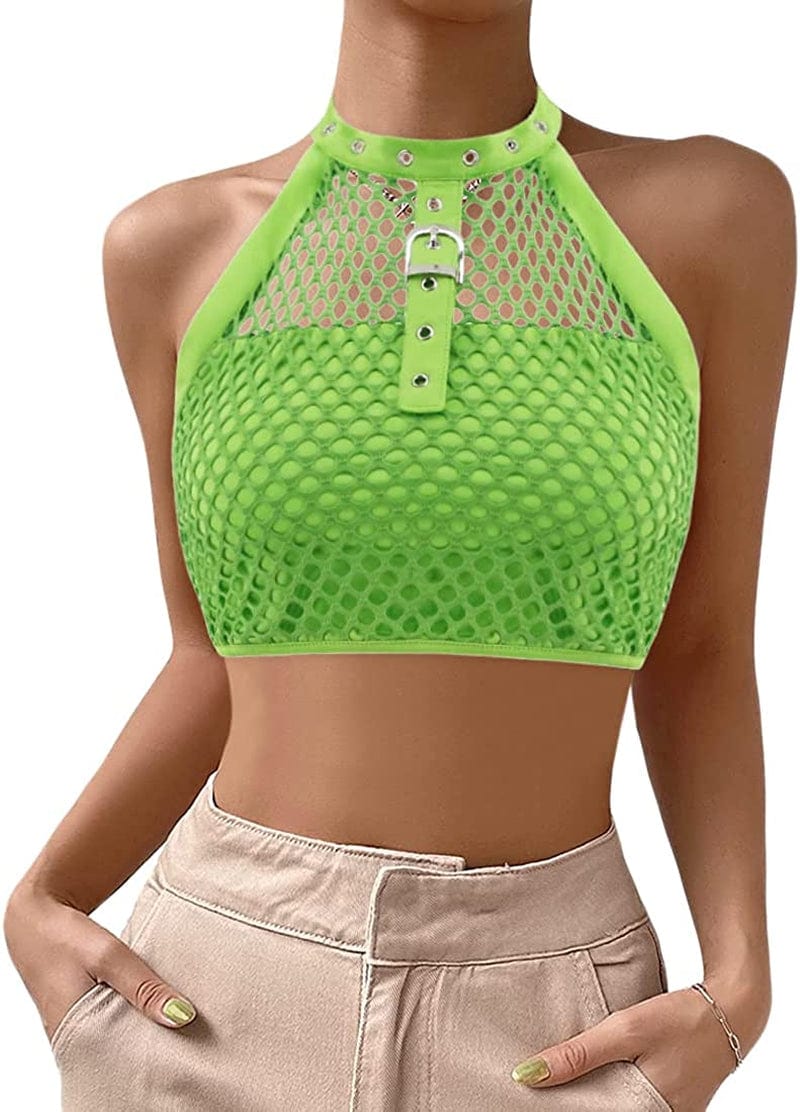 Jascaela Women'S Sexy Fishnet Choker Buckle Halter Crop Tank Top Backless Punk Cami Bandeau Clubwear for Rave Party Grass Green / X-Large