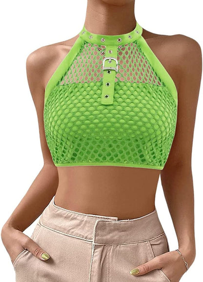 Jascaela Women'S Sexy Fishnet Choker Buckle Halter Crop Tank Top Backless Punk Cami Bandeau Clubwear for Rave Party Grass Green / X-Large