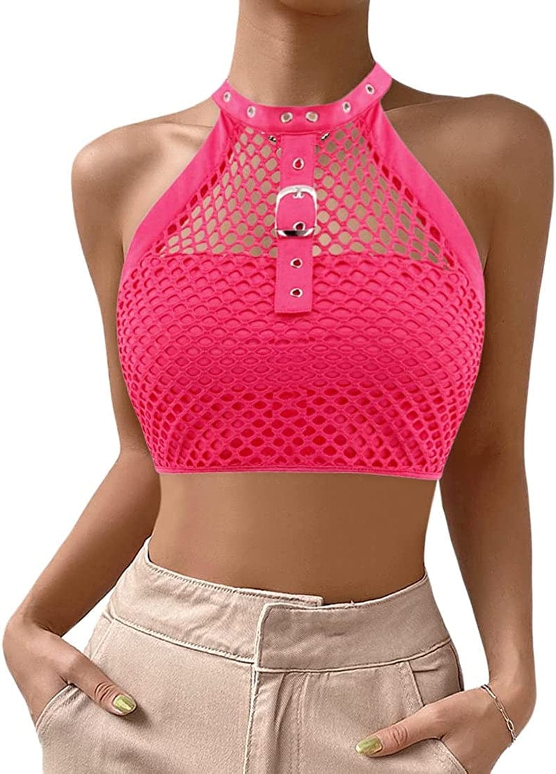 Jascaela Women'S Sexy Fishnet Choker Buckle Halter Crop Tank Top Backless Punk Cami Bandeau Clubwear for Rave Party Rose Red / X-Large