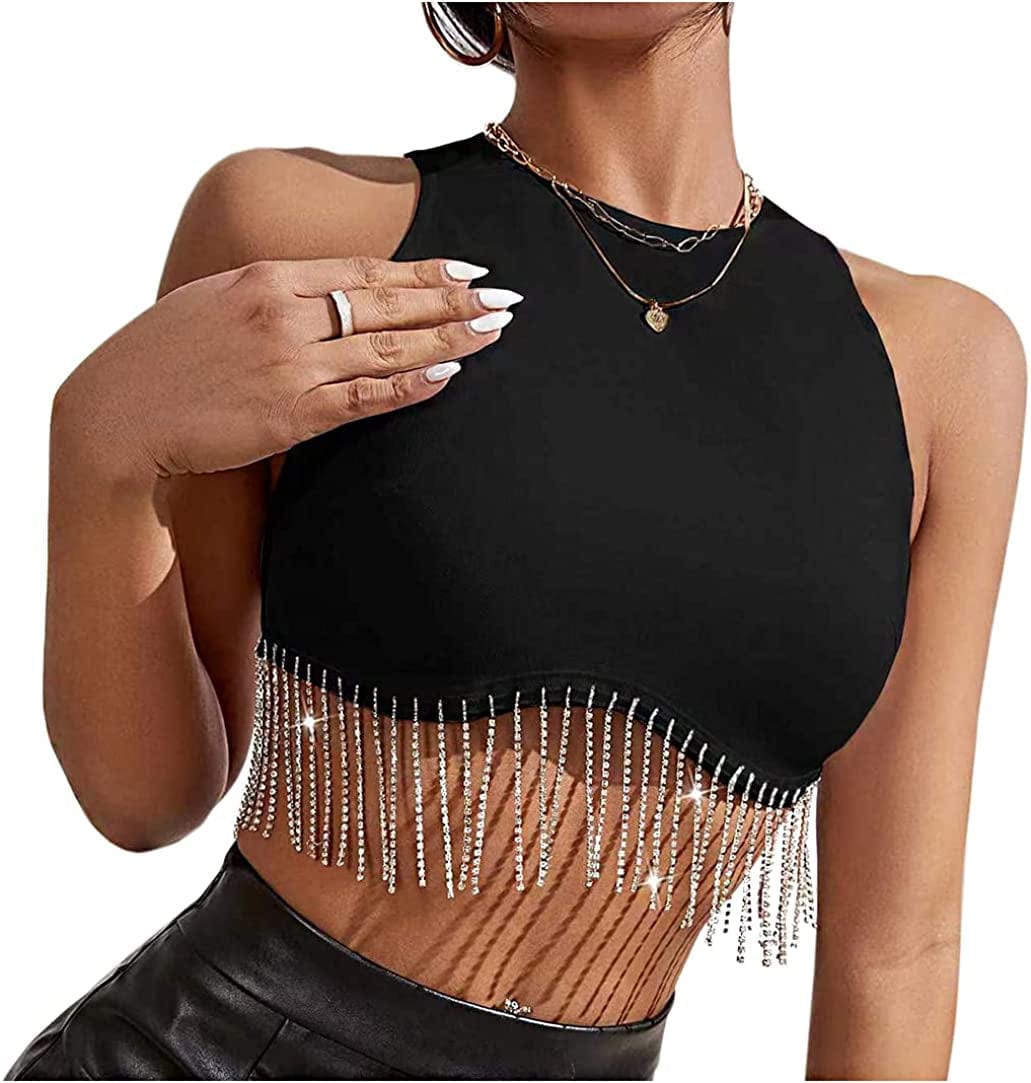 Jascaela Women'S Sexy Fishnet Choker Buckle Halter Crop Tank Top Backless Punk Cami Bandeau Clubwear for Rave Party Black Tassel / X-Large