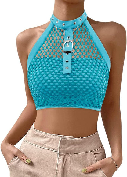 Jascaela Women'S Sexy Fishnet Choker Buckle Halter Crop Tank Top Backless Punk Cami Bandeau Clubwear for Rave Party Blue / X-Large