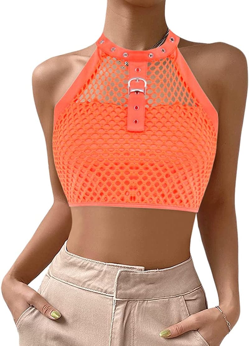 Jascaela Women'S Sexy Fishnet Choker Buckle Halter Crop Tank Top Backless Punk Cami Bandeau Clubwear for Rave Party Orange / X-Large