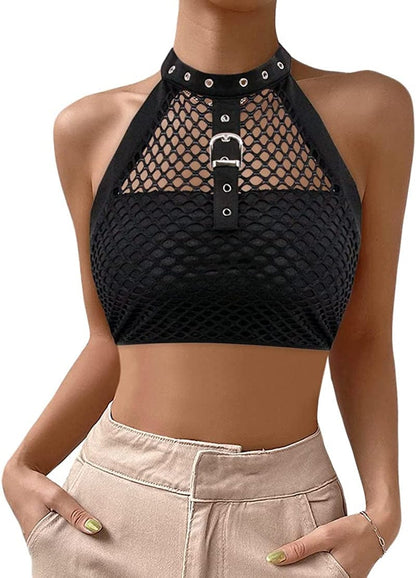 Jascaela Women'S Sexy Fishnet Choker Buckle Halter Crop Tank Top Backless Punk Cami Bandeau Clubwear for Rave Party Dark Black / X-Large