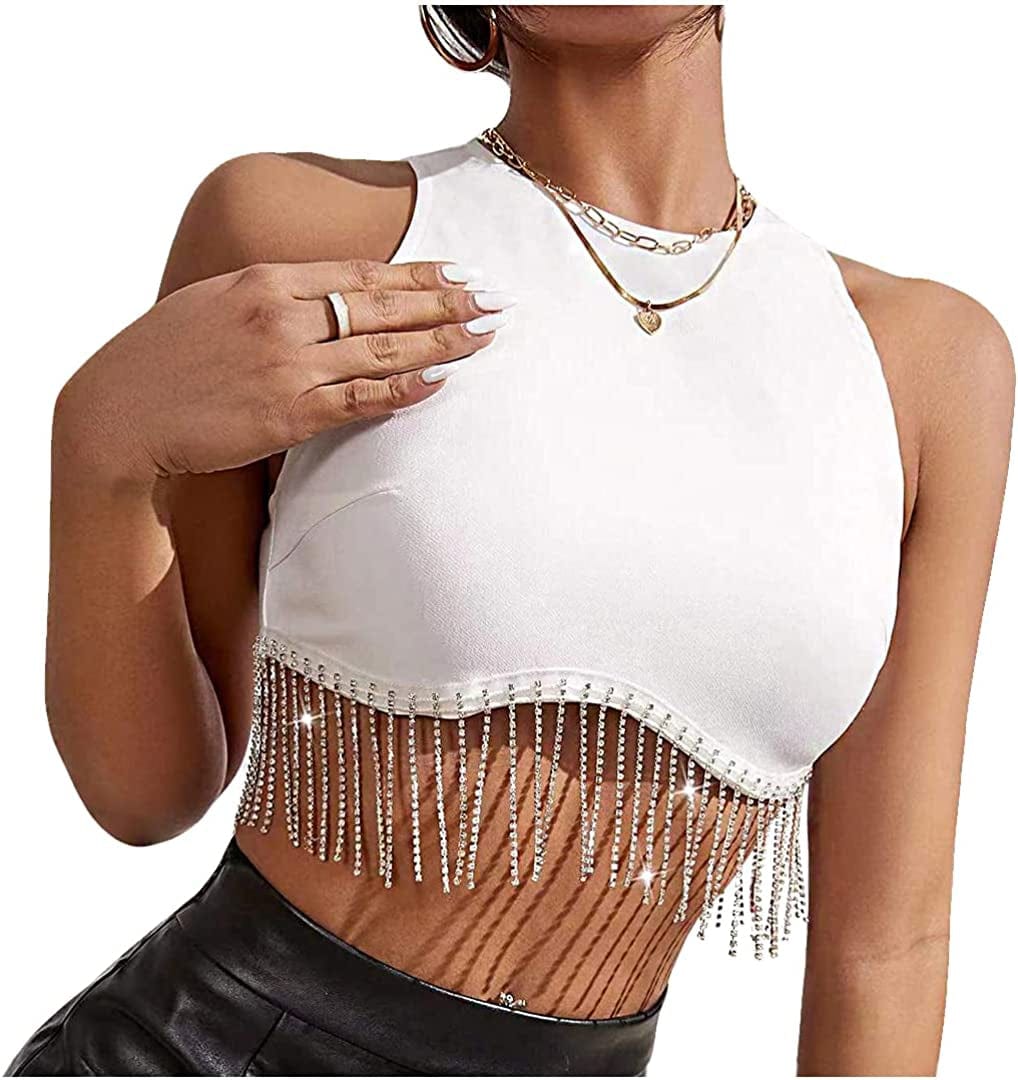 Jascaela Women'S Sexy Fishnet Choker Buckle Halter Crop Tank Top Backless Punk Cami Bandeau Clubwear for Rave Party White Tassel / X-Large