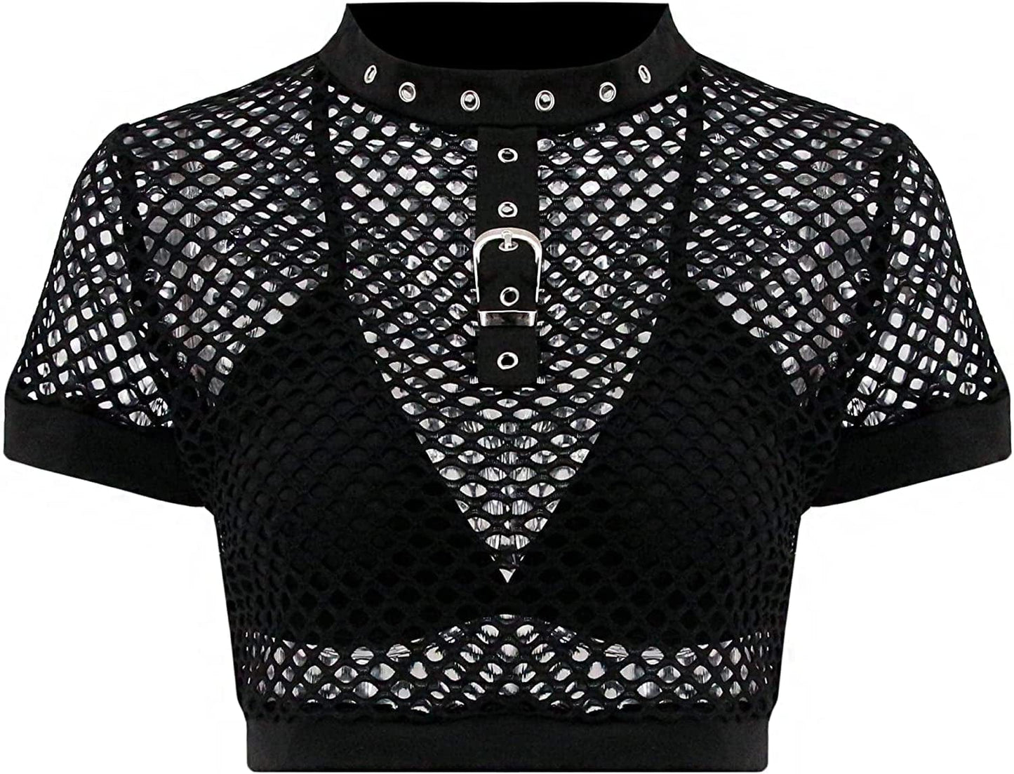 Jascaela Women'S Sexy Fishnet Choker Buckle Halter Crop Tank Top Backless Punk Cami Bandeau Clubwear for Rave Party Short Sleeve Fishnet / X-Large