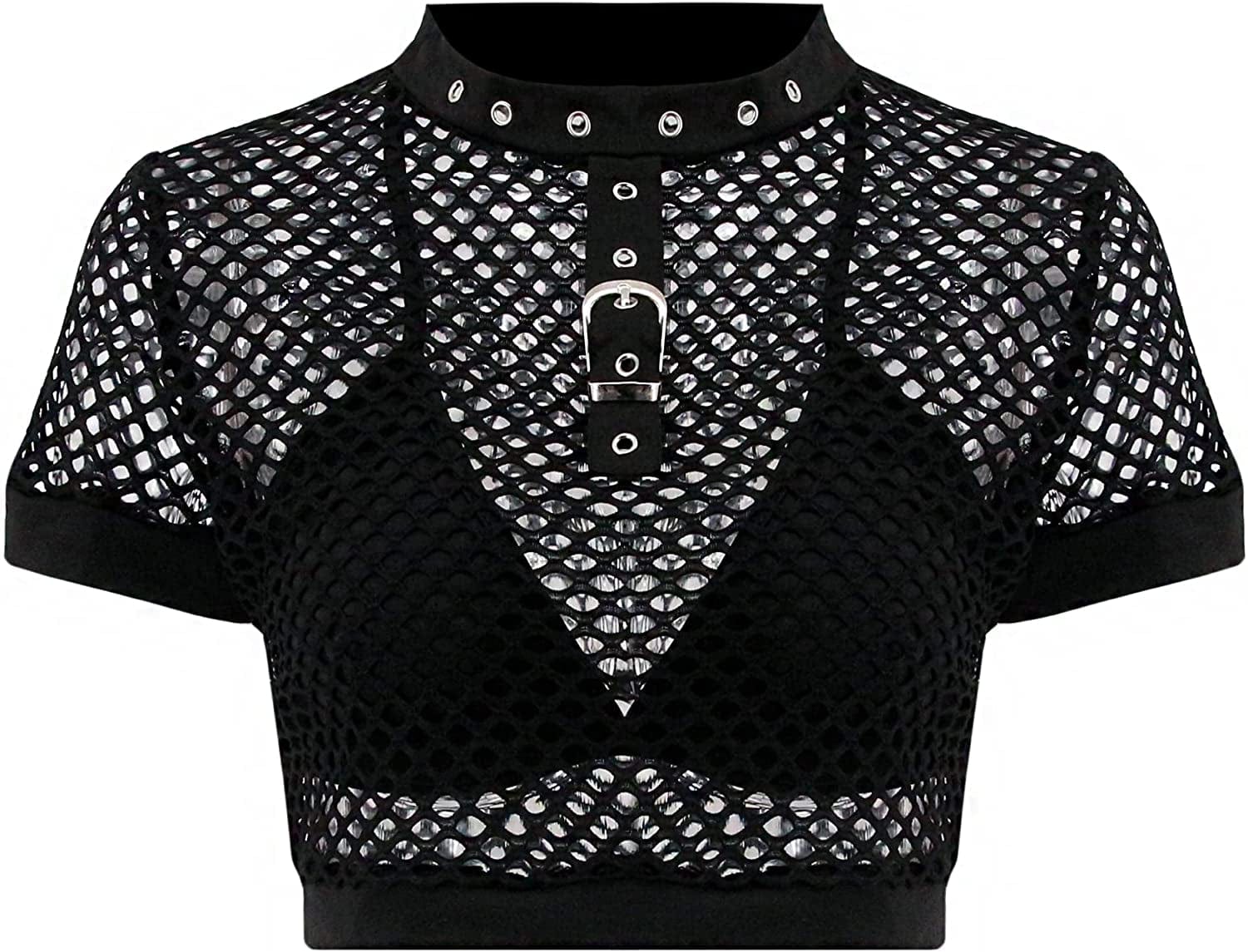 Jascaela Women'S Sexy Fishnet Choker Buckle Halter Crop Tank Top Backless Punk Cami Bandeau Clubwear for Rave Party Short Sleeve Fishnet / X-Large