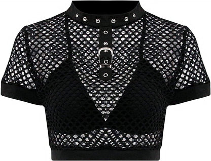 Jascaela Women'S Sexy Fishnet Choker Buckle Halter Crop Tank Top Backless Punk Cami Bandeau Clubwear for Rave Party Short Sleeve Fishnet / X-Large