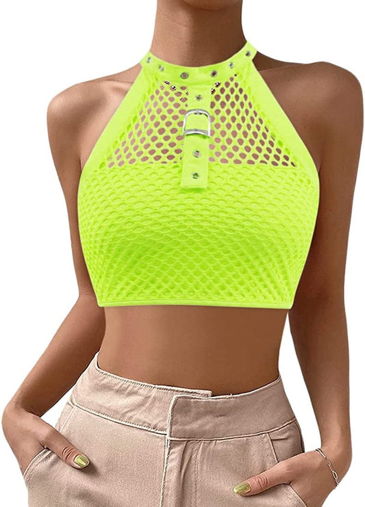 Jascaela Women'S Sexy Fishnet Choker Buckle Halter Crop Tank Top Backless Punk Cami Bandeau Clubwear for Rave Party Green / X-Large