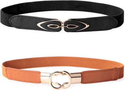 JASGOOD 2 Pack 3 Pack Women Retro Elastic Stretchy Metal Buckle Skinny Waist Belt 1 Inch Wide Apparel & Accessories > Clothing Accessories > Belts KYLIE MAX F-black+brown FIts Waist 27"-31" 
