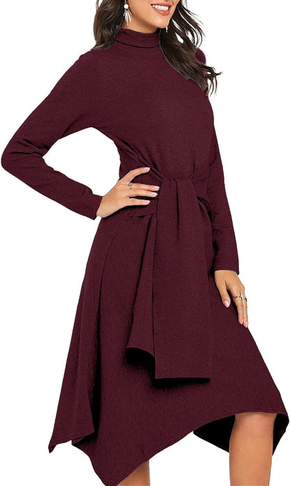 Jayscreate Women'S Fall Sweater Dress 2023 Long Sleeve Midi Tie Front A-Line High Waist Winter Business Casual Dress
