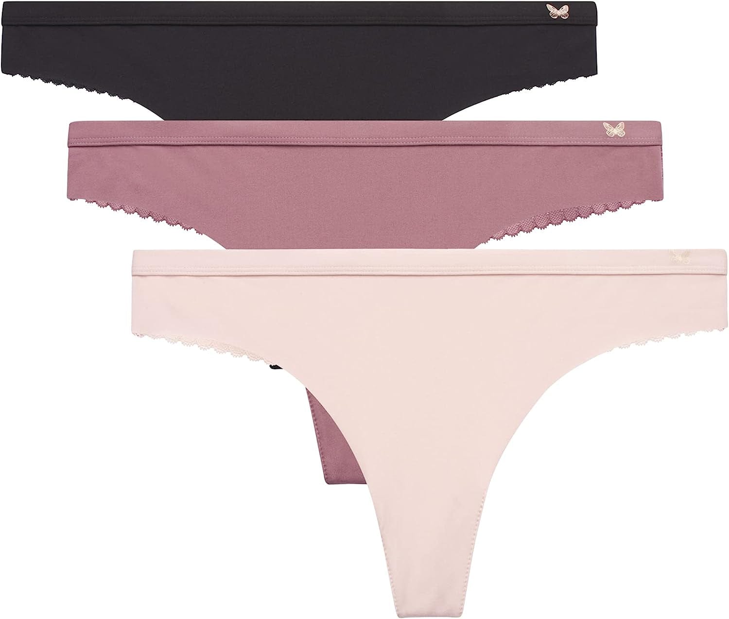 Jessica Simpson Women'S Underwear - 3 Pack Microfiber Lace Thong Panties (S-XL) Black/Grape Shake/Rose Smoke / Large