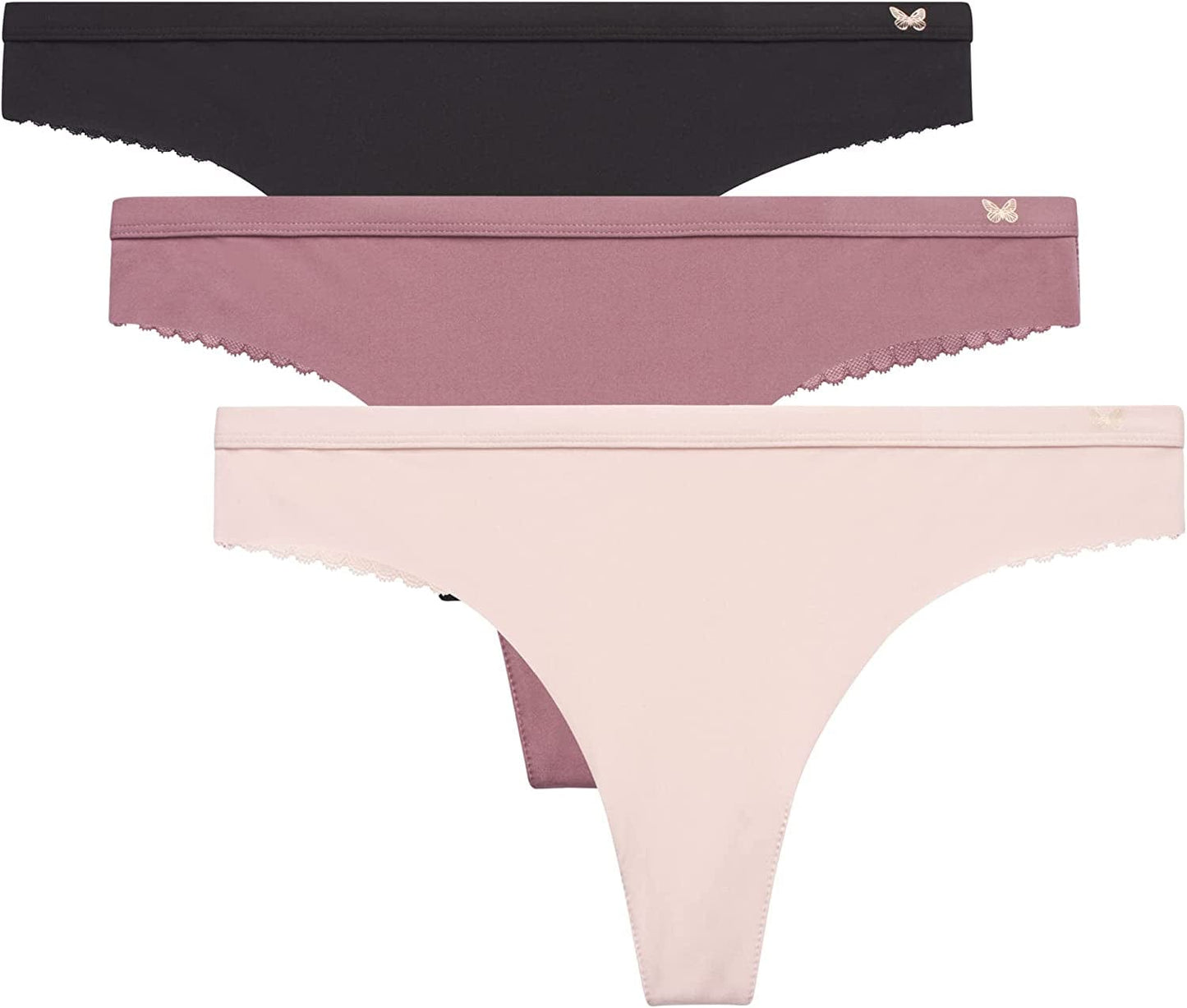 Jessica Simpson Women'S Underwear - 3 Pack Microfiber Lace Thong Panties (S-XL) Black/Grape Shake/Rose Smoke / Small