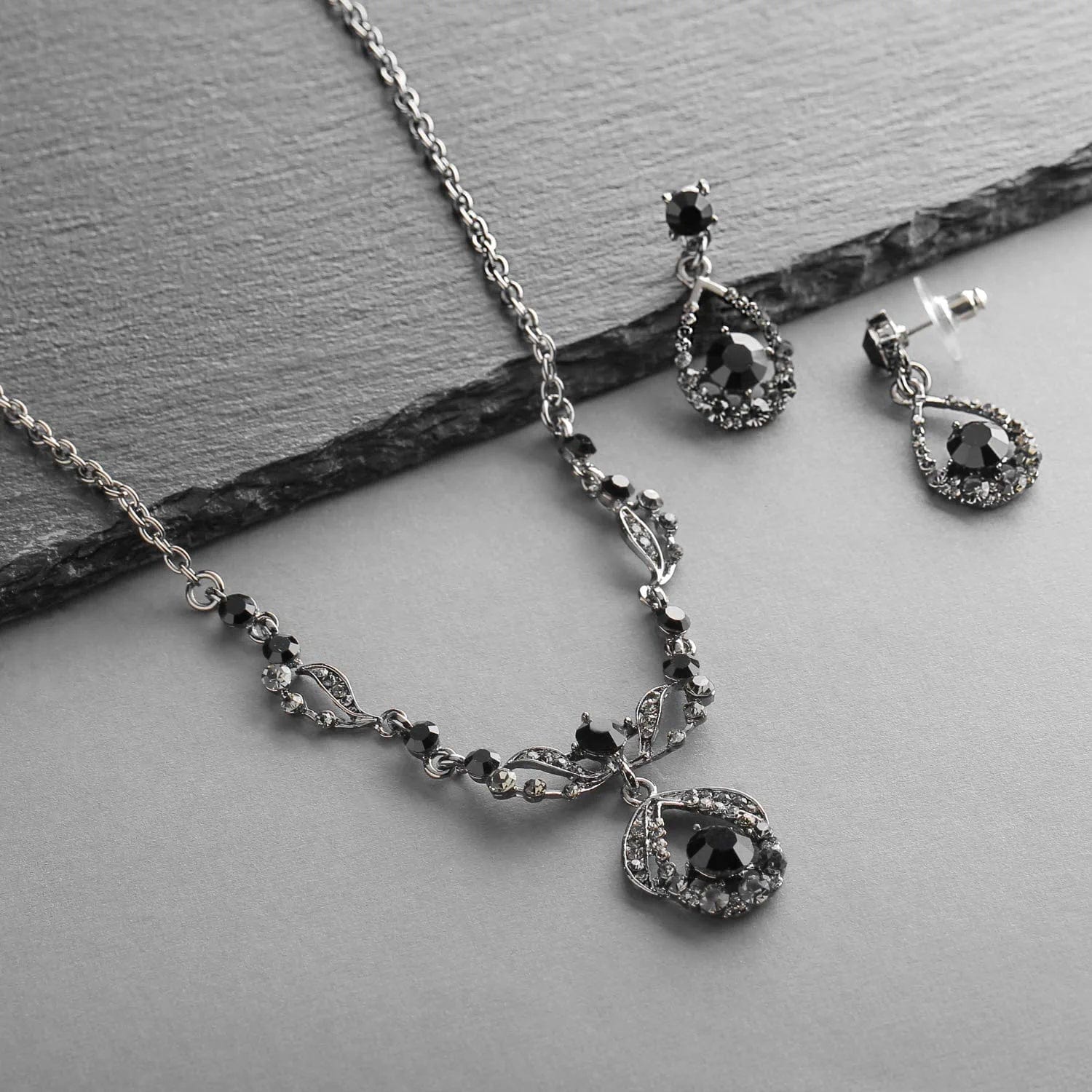 Jet Hematite Black Vintage Crystal Necklace & Earrings Jewelry Set for Prom, Bridal, Bridesmaids