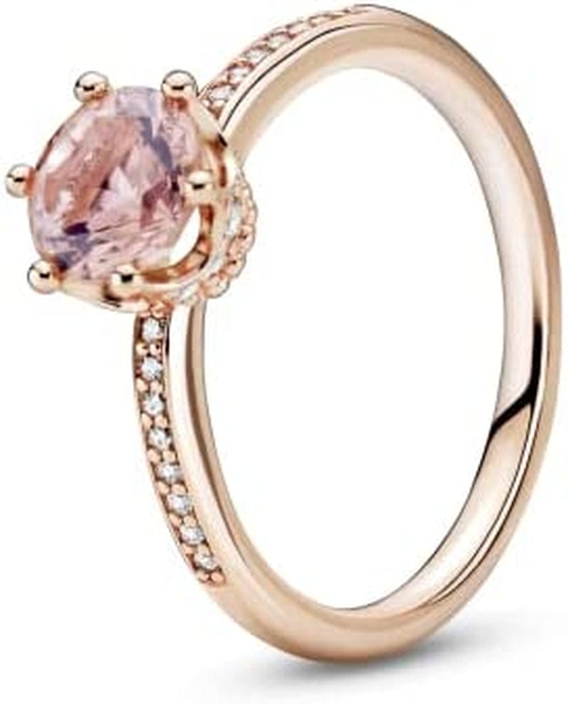 Jewelry - Crown Cubic Zirconia and Pink Crystal Ring - Gift for Her - Rose - Size 7