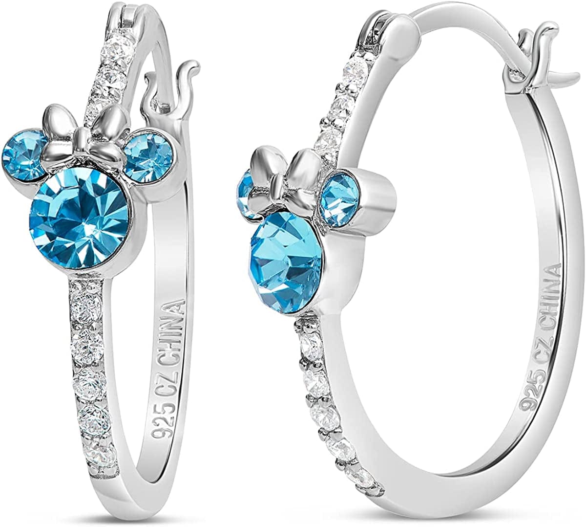 Jewelry for Women Mickey Mouse or Minnie Mouse Birthstone Cubic Zirconia Hoop Earrings, Sterling Silver March-Minnie Aquamarine Blue