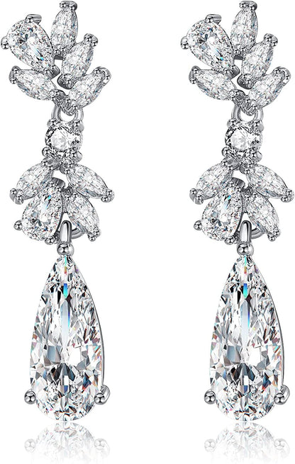 Jewelry Set for Women, Cubic Zirconia Necklace Dangle Earrings & Bracelet Jewelry Set for Bride Bridesmaid Wedding Engagement Prom Party Silver-Earrings