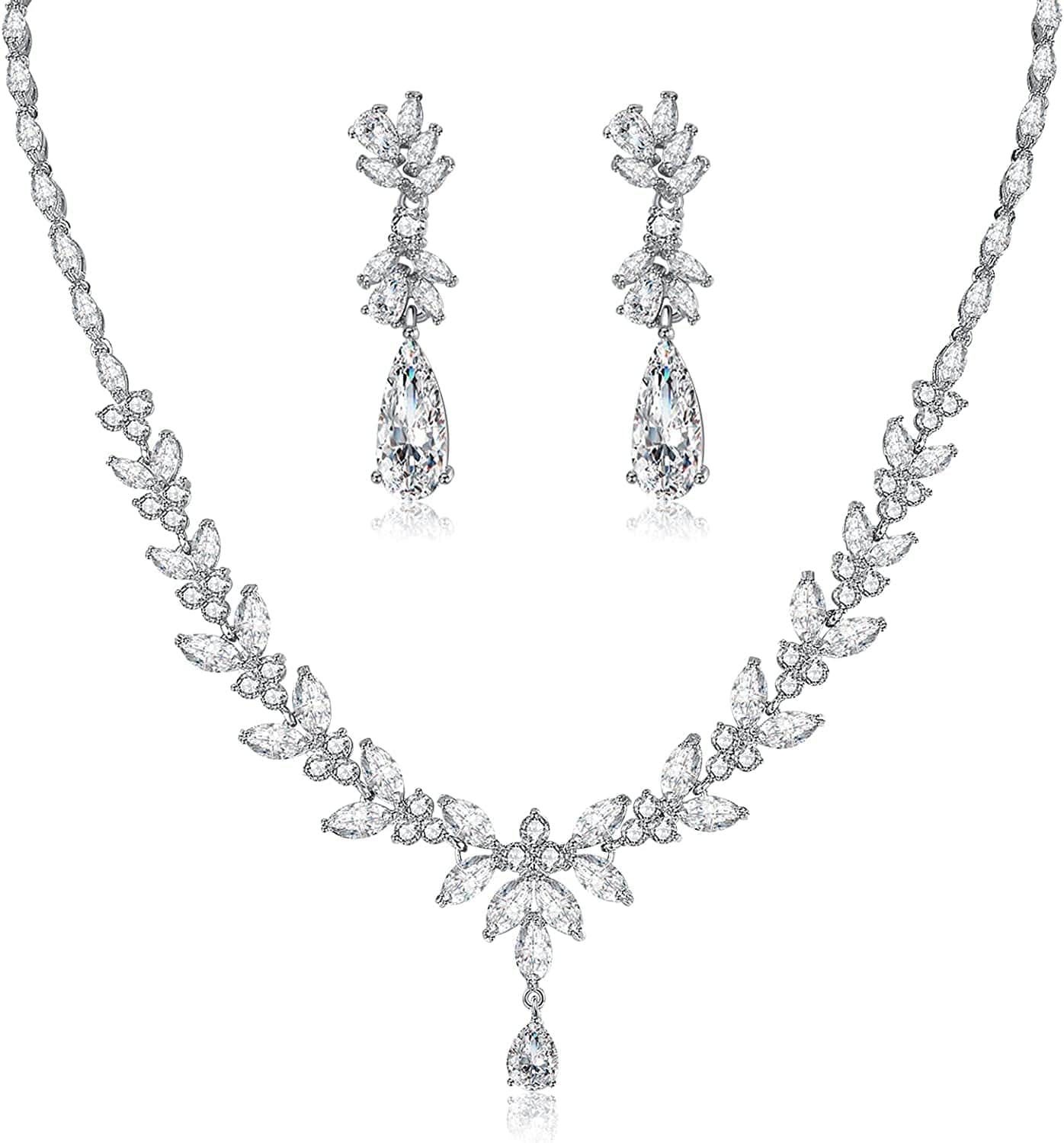 Jewelry Set for Women, Cubic Zirconia Necklace Dangle Earrings & Bracelet Jewelry Set for Bride Bridesmaid Wedding Engagement Prom Party Silver-Necklace+Earrings