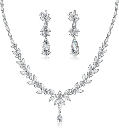 Jewelry Set for Women, Cubic Zirconia Necklace Dangle Earrings & Bracelet Jewelry Set for Bride Bridesmaid Wedding Engagement Prom Party Silver-Necklace+Earrings