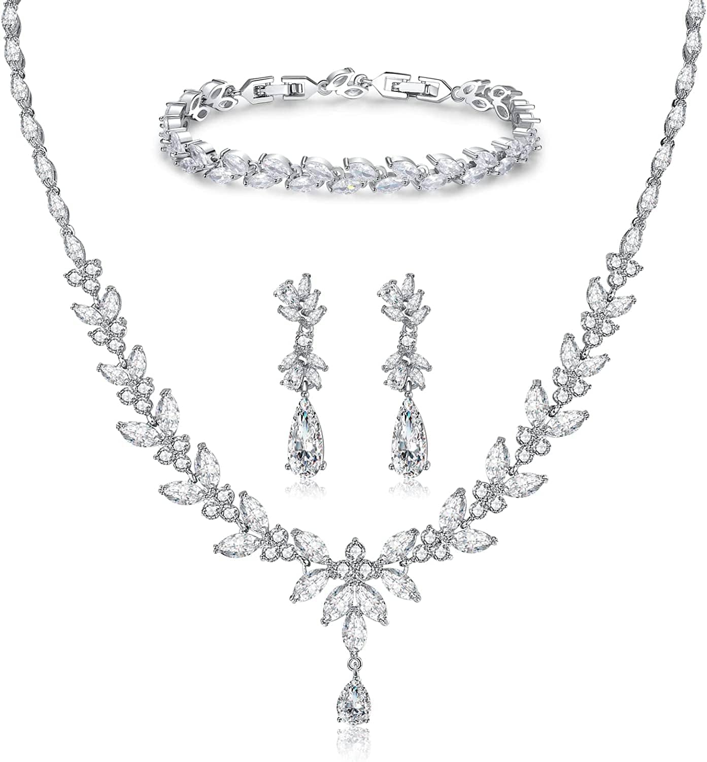 Jewelry Set for Women, Cubic Zirconia Necklace Dangle Earrings & Bracelet Jewelry Set for Bride Bridesmaid Wedding Engagement Prom Party Silver-Necklace+Bracelet+Earrings