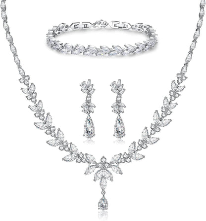 Jewelry Set for Women, Cubic Zirconia Necklace Dangle Earrings & Bracelet Jewelry Set for Bride Bridesmaid Wedding Engagement Prom Party Silver-Necklace+Bracelet+Earrings