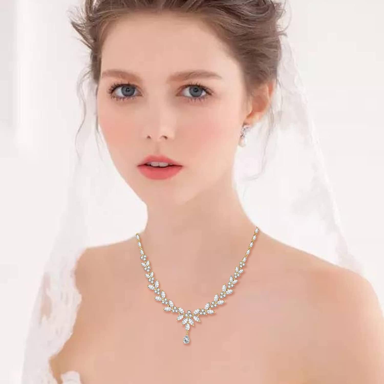 Jewelry Set for Women, Cubic Zirconia Necklace Dangle Earrings & Bracelet Jewelry Set for Bride Bridesmaid Wedding Engagement Prom Party