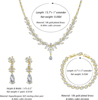 Jewelry Set for Women, Cubic Zirconia Necklace Dangle Earrings & Bracelet Jewelry Set for Bride Bridesmaid Wedding Engagement Prom Party